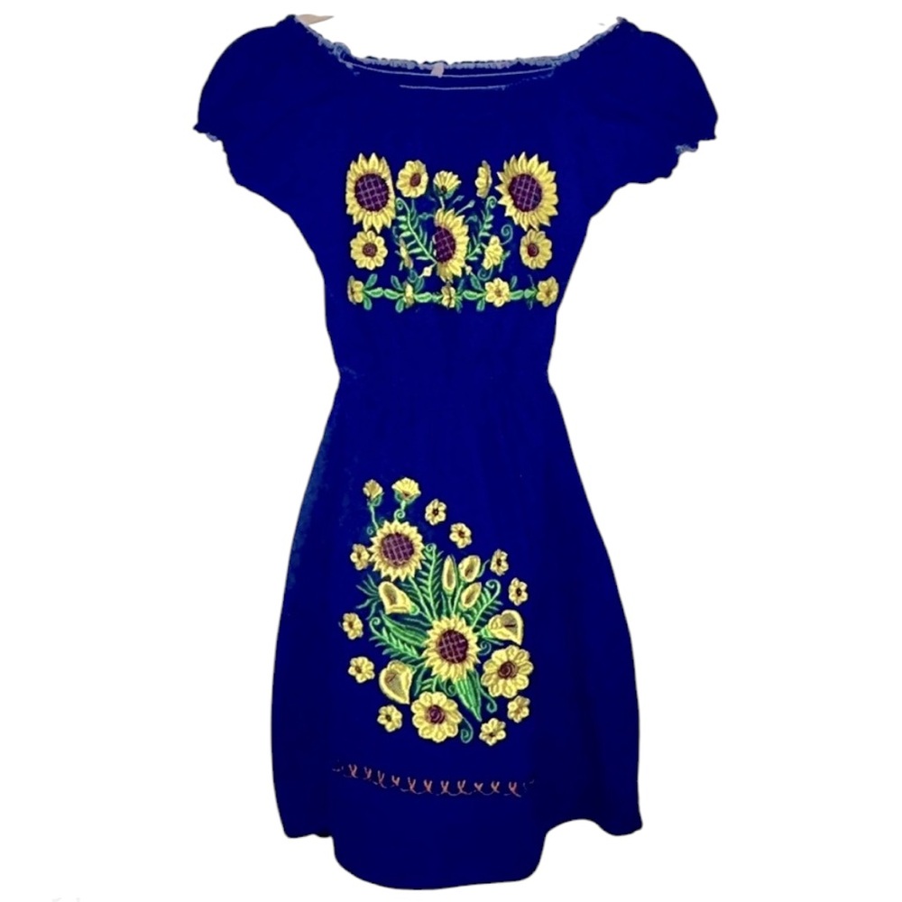 Navy Blue Off Shoulder Dress with Yellow Sunflowers Girls Size 10